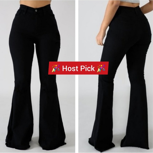 Flare leg Frayed hem Bell Bottom High waisted stretch denim Jeans 5 pocket soft - Picture 2 of 12